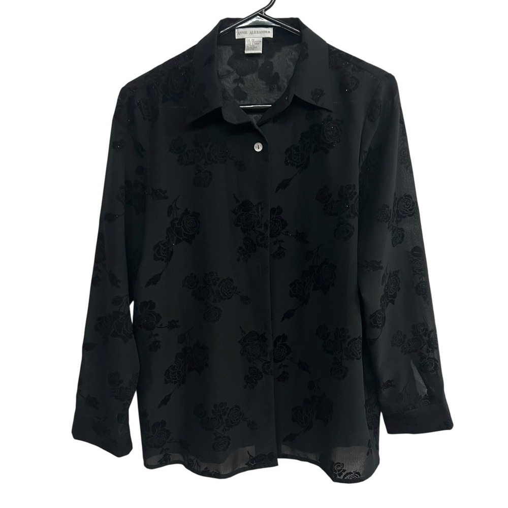Black Burnout Velvet Sheer Blouse‎ M Button Gothic Noir Romantic Dark Feminine